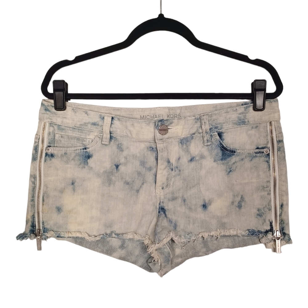 MICHAEL KORS Stone Wash Light Blue Raw Hem Zipper Denim Jean Shorts 10 M